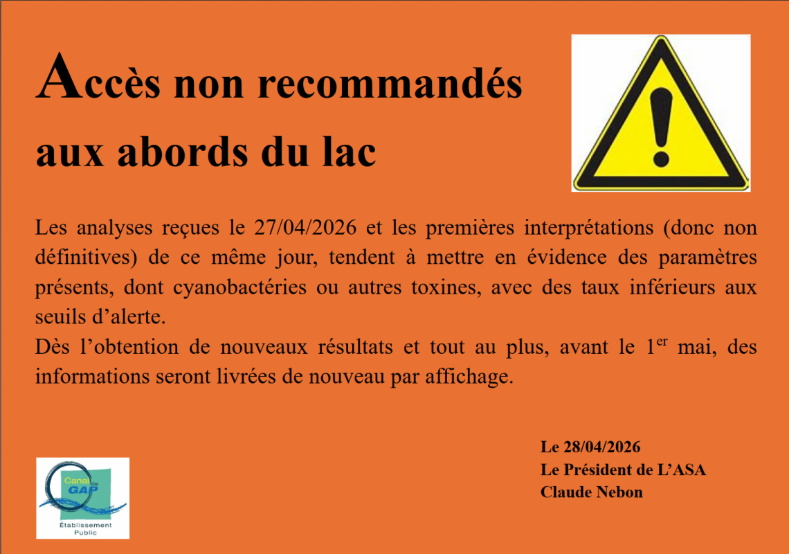 COMMUNIQUÉ SITUATION SANITAIRE LAC DE PELLEAUTIER